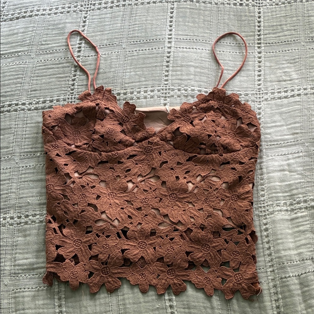 Lace Floral Crop Cami Tank Top - Dusty Rose